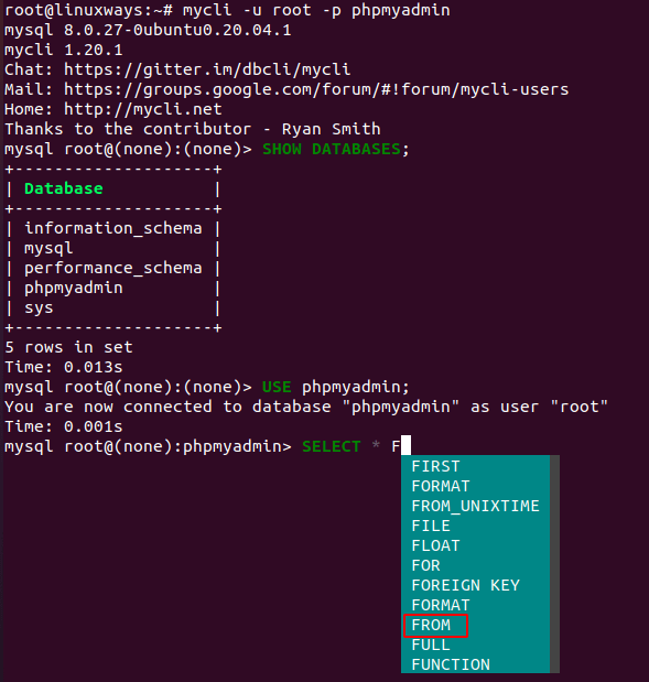 How To Install And Use Mycli In Mysql / Mariadb / Percona For Auto-Completion And Syntax Highlighting 2 How to install and use mycli in mysql / mariadb / percona for auto-completion and syntax highlighting 2