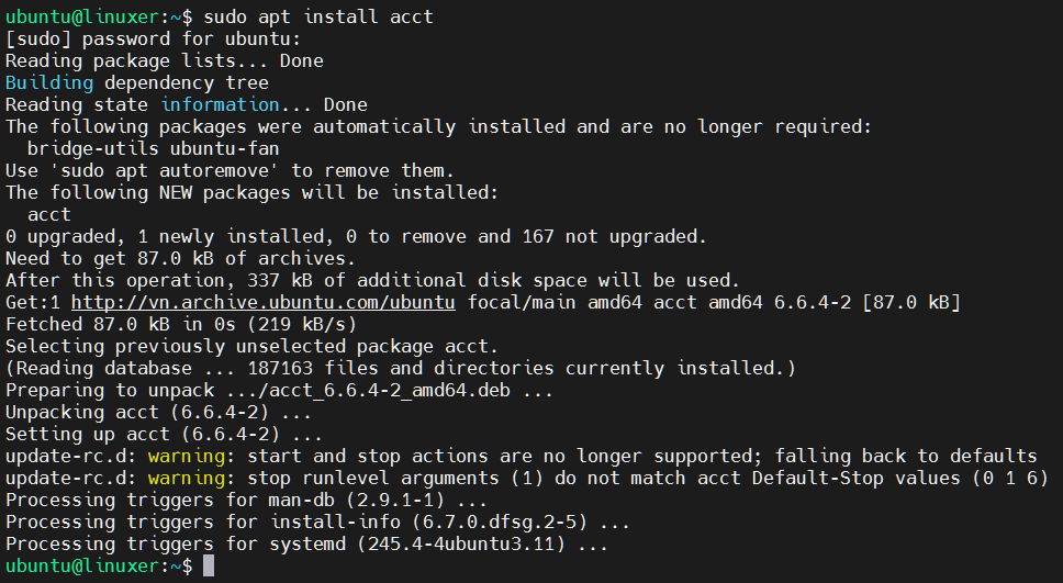 Monitor user activity with acct tool on ubuntu 20. 04