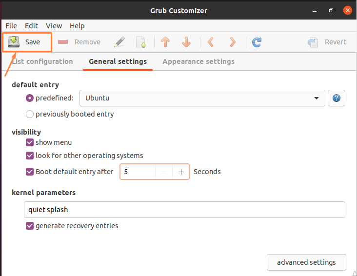 Click The “Save” Button That Is Provided At The Upper Left Corner Of The Grub Customizer Application Click the “save” button that is provided at the upper left corner of the grub customizer application