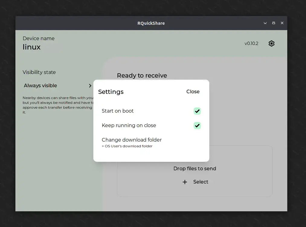 How To Install Rquickshare (Nearbyshare/Quickshare) On Linux 4 Rquickshare settings windows