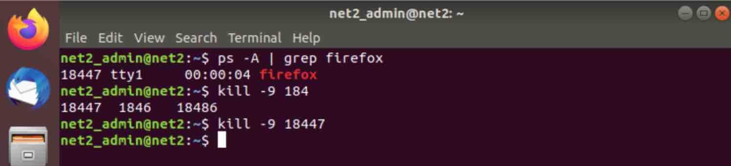 How To Kill Processes In Linux: Beginner-Friendly Guide To Command Line Termination 9 Kill -9 18447 command output - firefox termination