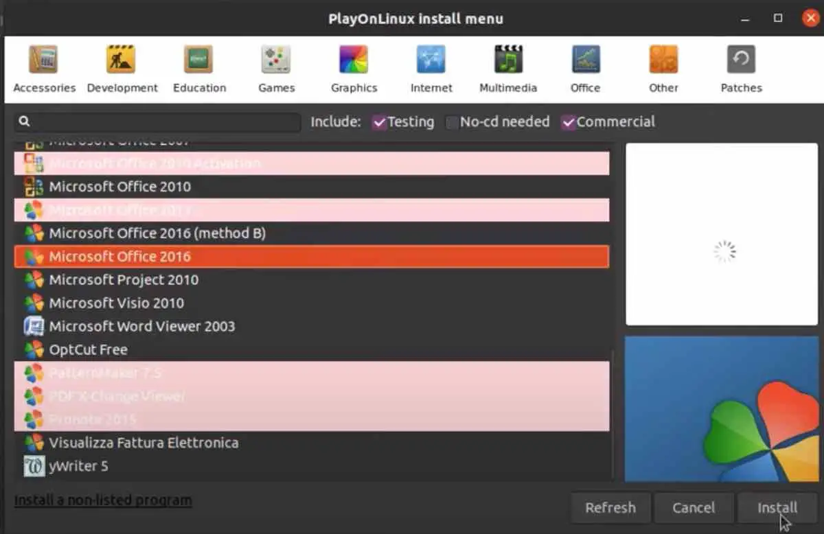 How To Install Microsoft Office On Ubuntu 24.04 3 Playonlinux interface showing the office tab